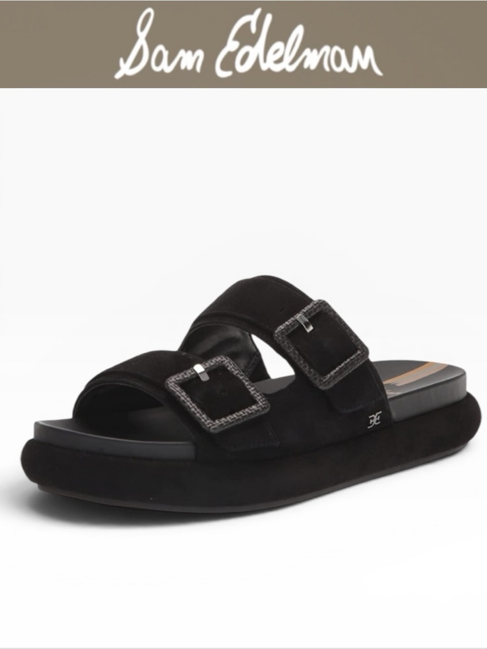 NIB SAM EDELMAN KENZIE BLACK SUEDE DOUBLE BUCKLE FLATFORM SLIDE SANDALS SIZE 9.5